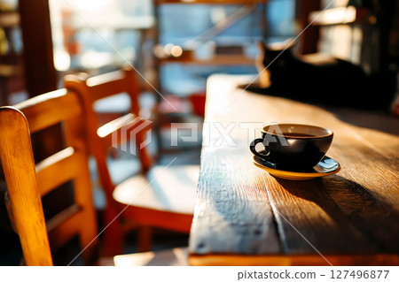 A cat relaxing with a cup of coffee against the backdrop of a cafe interior with sunlight filtering through the trees 127496877