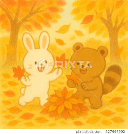 兔子和浣熊玩落葉的插圖 兔子和浣熊玩落葉的插圖 127496902