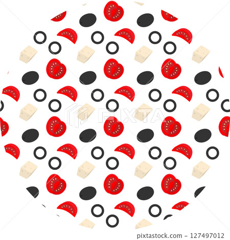 Hand drawn Cubes Cheese sliced Tomato Olives fruits and rings Seamless Pattern on Circle Background Hand drawn Cubes Cheese sliced Tomato Olives fruits and rings Seamless Pattern on Circle Background 127497012