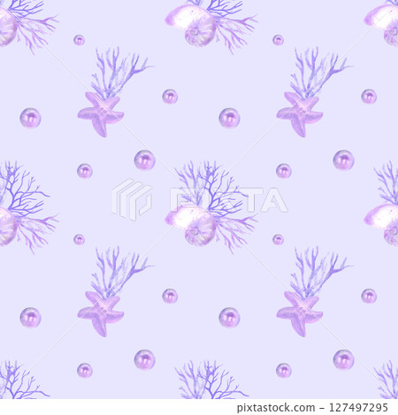 Watercolor seamless lilac pattern hand drawn with shells and corals 127497295