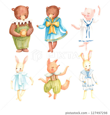 Hand drawn watercolor set with animals in vintage clothes 127497298