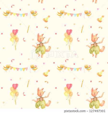 Watercolor seamless hand drawn baby delicate yellow pattern with foxes, birds, balloons, flags and confetti Watercolor seamless hand drawn baby delicate yellow pattern with foxes, birds, balloons, flags and confetti 127497301