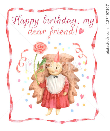 Watercolor birthday composition hand drawn. Composition with hedgehog in vintage dress and cap with confetti and flower 127497307