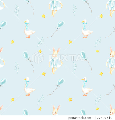 Watercolor seamless hand drawn baby soft blue pattern with bunnies, geese, balloons, stars and confetti Watercolor seamless hand drawn baby soft blue pattern with bunnies, geese, balloons, stars and confetti 127497310