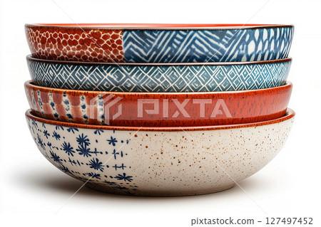 Ceramic bowls with a pattern on a white background. Ceramic bowls with a pattern on a white background. 127497452
