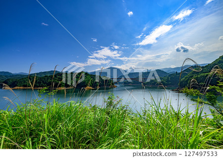 A spectacular panorama of Lake Miyagase and the mountains against the blue sky, Kiyokawa Village, Aiko District, Kanagawa Prefecture A spectacular panorama of Lake Miyagase and the mountains against the blue sky, Kiyokawa Village, Aiko District, Kanagawa Prefecture 127497533