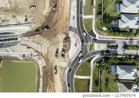 Industrial roadworks. Roundabout on wide American highway under construction. Development of transportation system for rapid transit 127497674