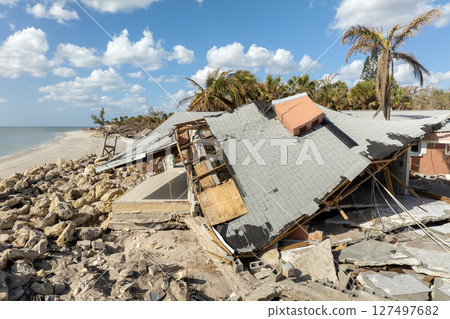 Hurricane Milton consequences on Manasota Key, Florida. Destroyed houses on sea coast. Storm surge severe damage Hurricane Milton consequences on Manasota Key, Florida. Destroyed houses on sea coast. Storm surge severe damage 127497682
