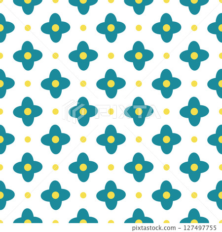 Seamless pattern of blue flowers with yellow centers on a white background in flat cartoon style. Vector illustration. Seamless pattern of blue flowers with yellow centers on a white background in flat cartoon style. Vector illustration. 127497755