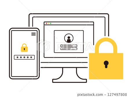 登入畫面和安全鎖向量圖示集 | PC 和智慧型手機的密碼保護影像 127497808