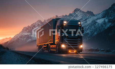 Freight truck driving along snowy mountain road at dramatic sunset 127498175
