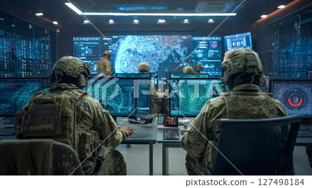 Military command center with soldiers monitoring large digital screens, modern equipment and strategic maps, futuristic war Military command center with soldiers monitoring large digital screens, modern equipment and strategic maps, futuristic war 127498184