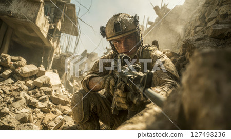 A battle-hardened soldier crouched with a machine gun amidst rubble and debris, dust in the air, a tense expression on his face 127498236