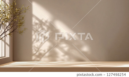 Simple background in neutral tones with soft natural shadows from a tree branch, calm interior Simple background in neutral tones with soft natural shadows from a tree branch, calm interior 127498254