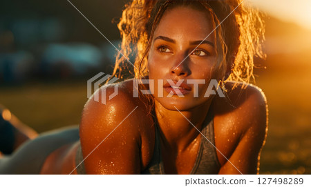 Sweaty woman relaxes after an outdoor workout during golden hour 127498289