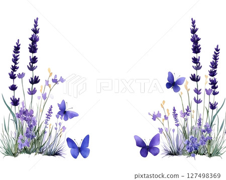 Watercolor illustration of purple wildflowers and butterflies framed in a corner border on a white background. This serene and delicate design is perfect for nature-themed prints or invitations. 127498369
