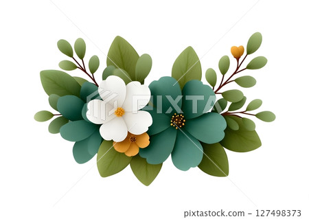 Elegant floral arrangement illustration featuring teal and white flowers with lush green leaves on a white background. Perfect for invitations, greeting cards, or decorative projects. 127498373