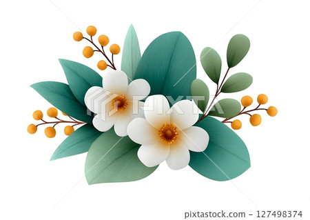 A vibrant digital illustration featuring white flowers with yellow centers, teal leaves, and small orange berries, showcasing a modern botanical design perfect for decor projects and prints. 127498374