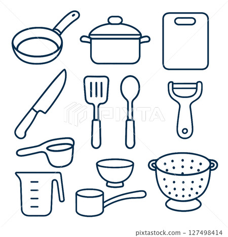 Cooking tools and utensils including frying pan pot cutting board knife spatula spoon peeler 127498414