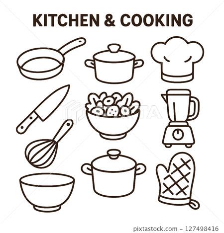 Kitchen and cooking icons including utensils and appliances for culinary activities 127498416