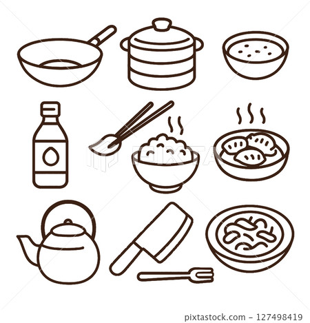 Cooking utensils, food items, and kitchen tools are illustrated simple line art style 127498419