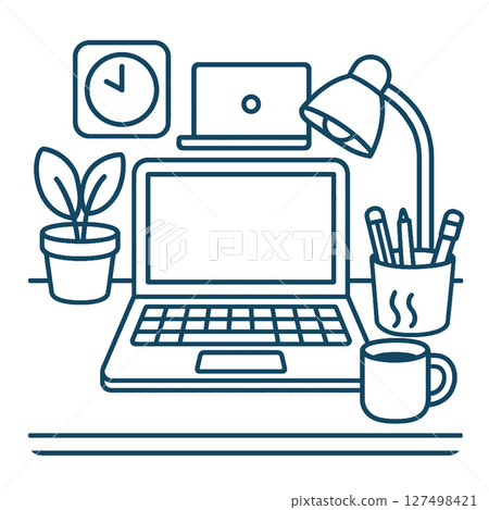Modern workspace featuring laptop, clock, lamp, plant, and coffee cup, creating productive 127498421