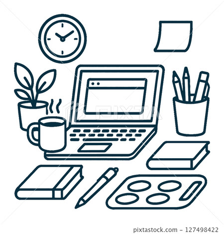 Workspace illustration featuring laptop, clock, plants, coffee cup, stationery, and books 127498422