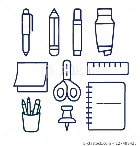Stationery items including pens, pencils, markers, scissors, ruler, sticky notes, and notebook Stationery items including pens, pencils, markers, scissors, ruler, sticky notes, and notebook 127498423