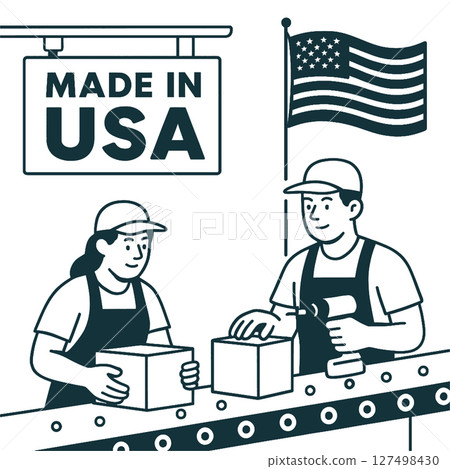 Workers packaging products in factory with sign indicating made in USA Workers packaging products in factory with sign indicating made in USA 127498430