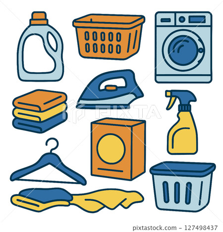 Laundry detergent, washing machine, cleaning supplies, and towels create vibrant scene Laundry detergent, washing machine, cleaning supplies, and towels create vibrant scene 127498437