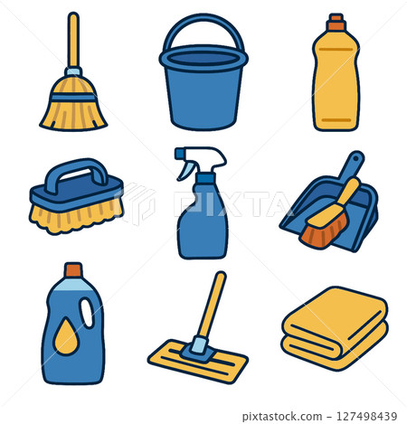 Cleaning tools bucket spray bottle broom mop cleaning supplies household items detergent 127498439