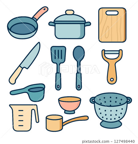 Cooking tools, kitchen utensils, and cookware are essential for meal preparation. This showcases Cooking tools, kitchen utensils, and cookware are essential for meal preparation. This showcases 127498440