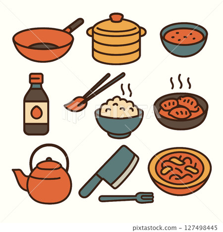 Cooking tools, ingredients, and dishes create vibrant culinary scene 127498445