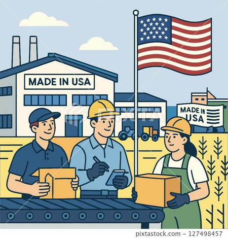 Workers in factory with USA flag, showcasing American manufacturing pride 127498457