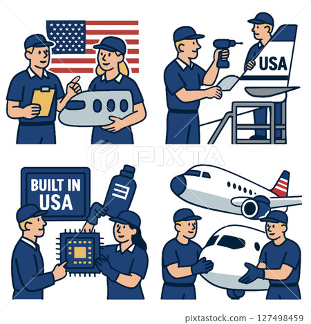 USA flag airplane workers assembly aviation teamwork manufacturing technology pride 127498459