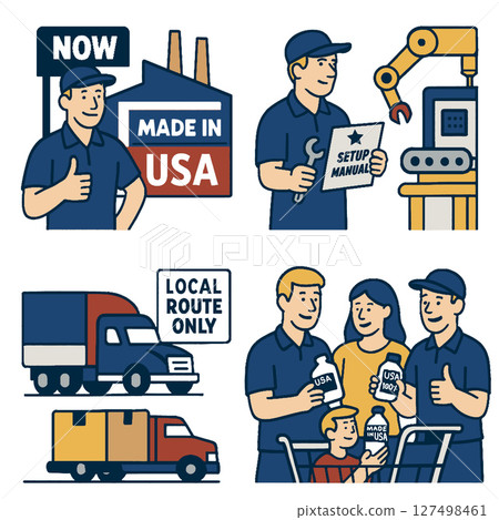 Manufacturing process showcasing USA made products with family and delivery scenes 127498461