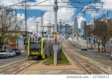 Downtown Los Angeles, USA: streetscape and streetcars 127498531