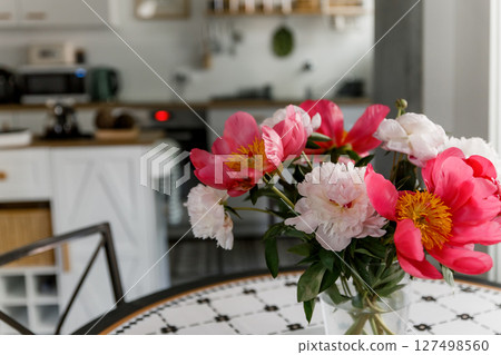 Scandinavian Kitchen Interior Dining Flowers vase 127498560