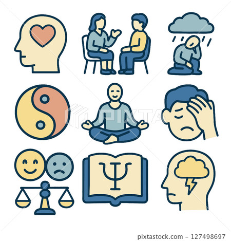 Mental health icons representing therapy, emotions, balance, and mindfulness 127498697
