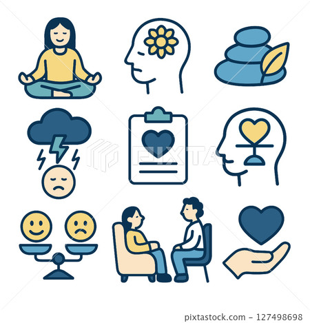 Mindfulness icons, mental health symbols, emotional balance, therapy concepts, wellness 127498698