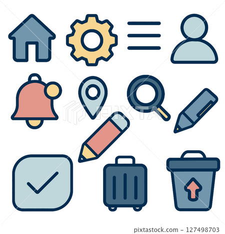 Icons representing various functions and features including home settings user profile Icons representing various functions and features including home settings user profile 127498703