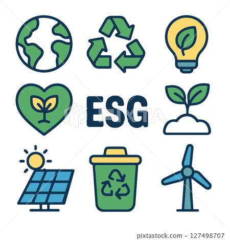 Sustainable icons representing environmental, social, and governance themes, showcasing eco Sustainable icons representing environmental, social, and governance themes, showcasing eco 127498707
