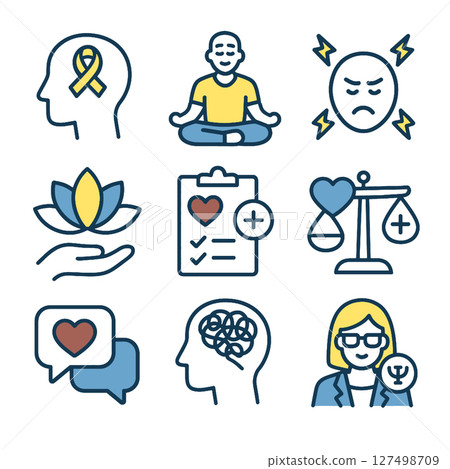 Mindfulness icons, mental health symbols, emotional wellness, balance, self care Mindfulness icons, mental health symbols, emotional wellness, balance, self care 127498709