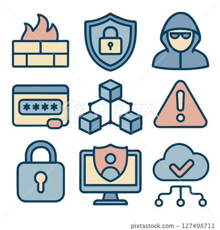 Secure icons representing cybersecurity, including firewalls, shields, and data protection Secure icons representing cybersecurity, including firewalls, shields, and data protection 127498711