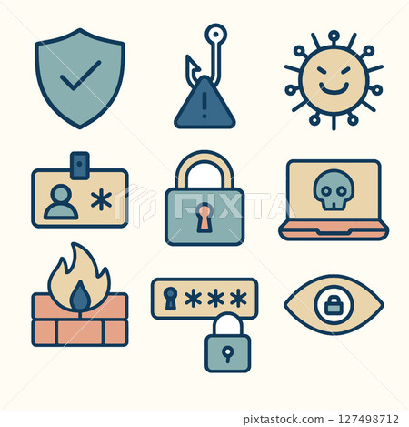 Secure icons representing cybersecurity concepts, including protection, phishing, and malware Secure icons representing cybersecurity concepts, including protection, phishing, and malware 127498712