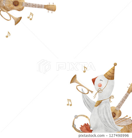 Frame watercolor goose trumpeter musician, musical instruments illustration, guitar, drum hand drawn. Template square for design invitation, birthday, congratulations, postcard, poster, nursery Frame watercolor goose trumpeter musician, musical instruments illustration, guitar, drum hand drawn. Template square for design invitation, birthday, congratulations, postcard, poster, nursery 127498996