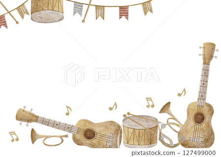 Frame watercolor illustration musical instruments, guitar trumpet drum notes hand drawn. Template on isolated background for invitation design, concert orchestra postcard poster nursery decor 127499000