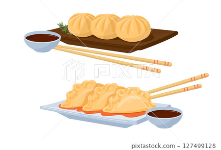 Asian dumplings. Cartoon traditional meat dumplings, Japanese gyoza and khinkali flat vector illustration set. Asian food plates Asian dumplings. Cartoon traditional meat dumplings, Japanese gyoza and khinkali flat vector illustration set. Asian food plates 127499128