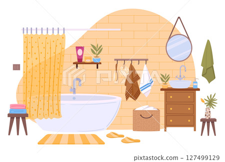 Cartoon modern bathroom. Cozy bathroom interior tub, rug and bathroom curtains flat vector illustration. Washroom interior 127499129