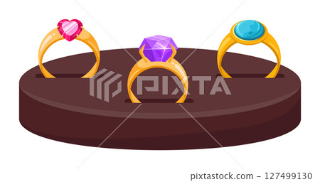 Cartoon rings. Precious golden rings on stand, glamorous gemstone jewelry flat vector illustration. Jewelry rings on white background 127499130